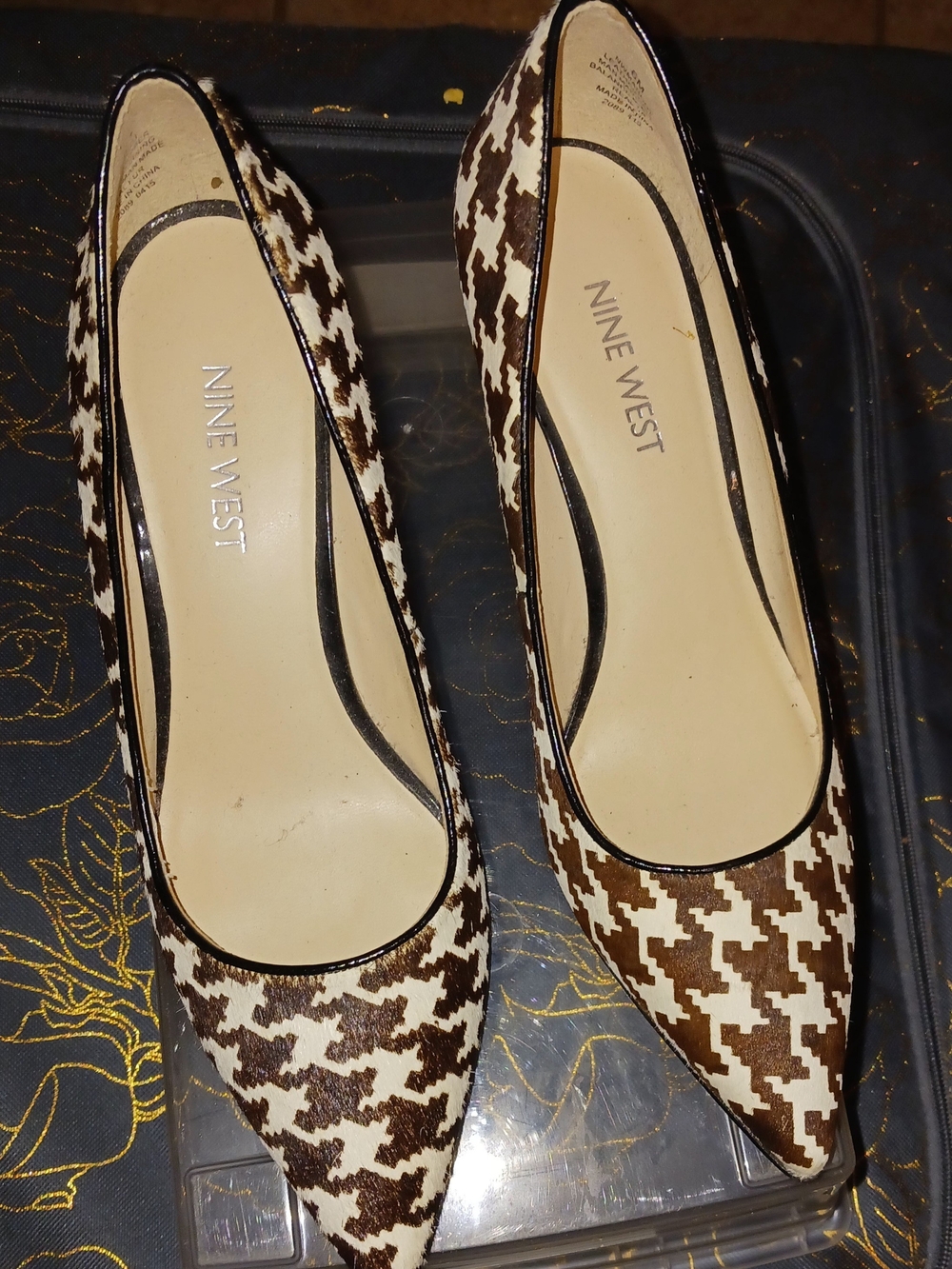 Nine West Brown and White Houndstooth Pointed-Toe Flats